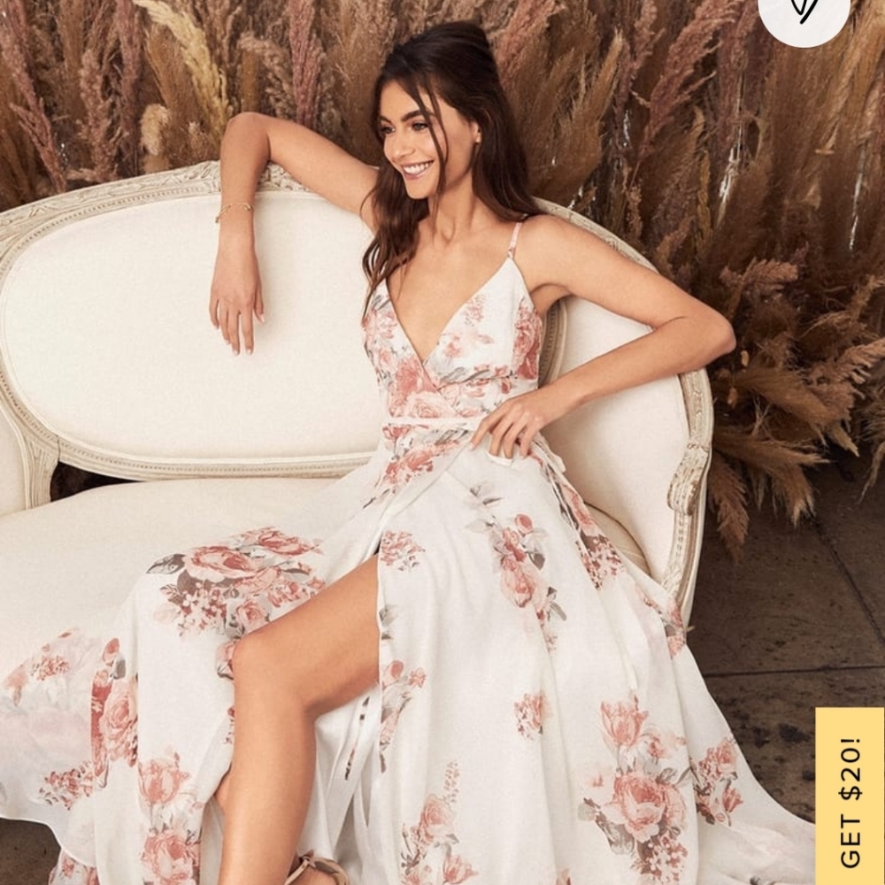Lulu's Elegantly Inclined Cream Floral Print Wrap Maxi Dress NWT